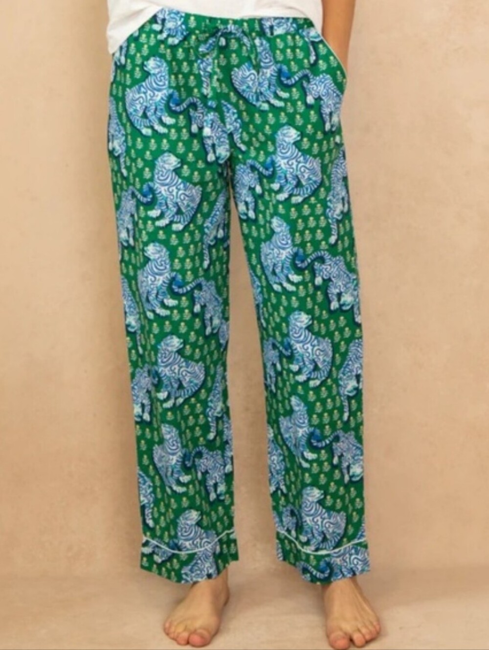 Printfresh Tiger Queen Pajama Sleep Pants Jade Green Organic Cotton Size L NWT